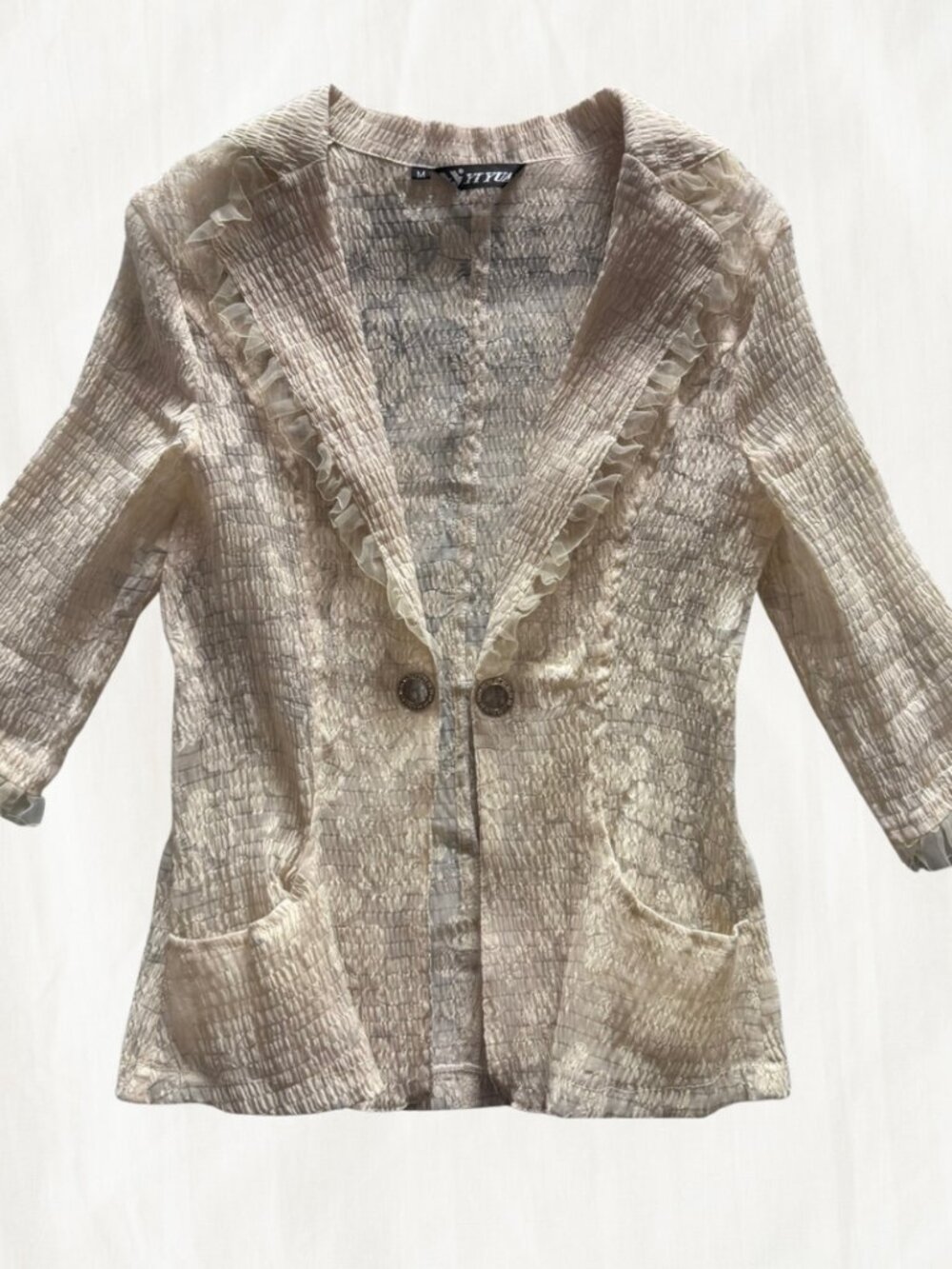 YIYUAN Cream Blazer with Textured Crinkled Fabric